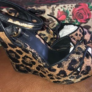 Dolce & Gabbana Peep Toe Italian Wedge Sandals Leopard Print